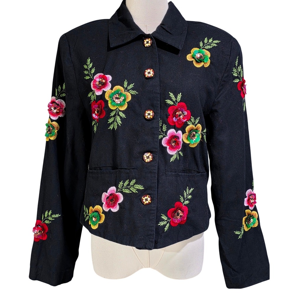 Anage Floral Embroidered Sequin Button Up Jacket Medium Black Excellent